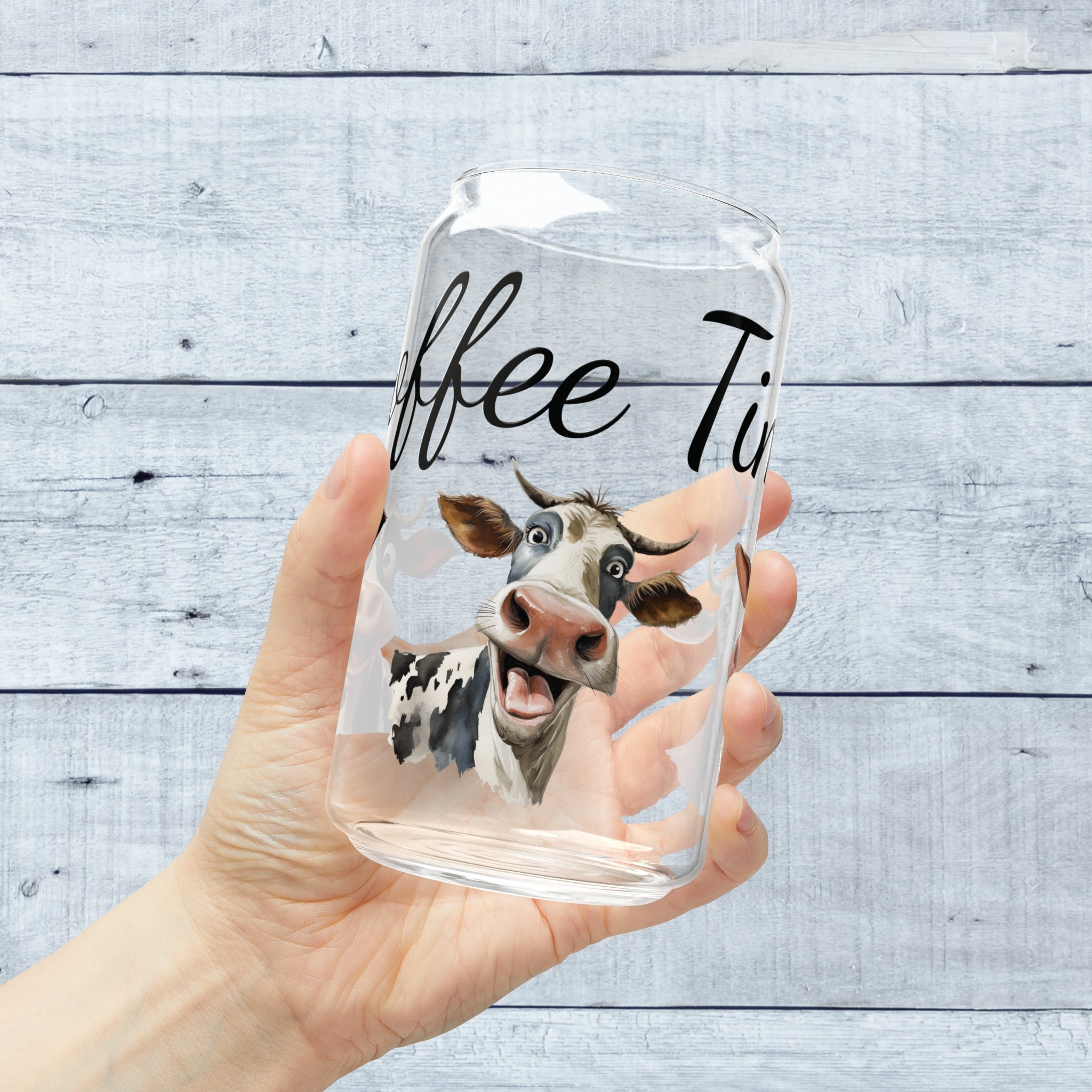 Coffee Time with Three Funny Cows on Glass Tumbler 16oz with lid and straw