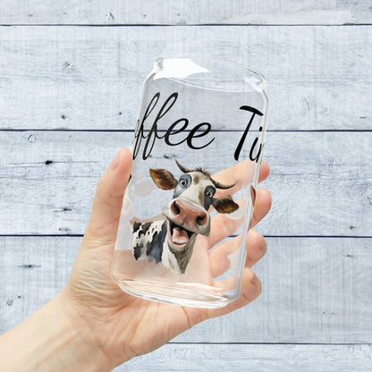 Coffee Time with Three Funny Cows on Glass Tumbler 16oz with lid and straw