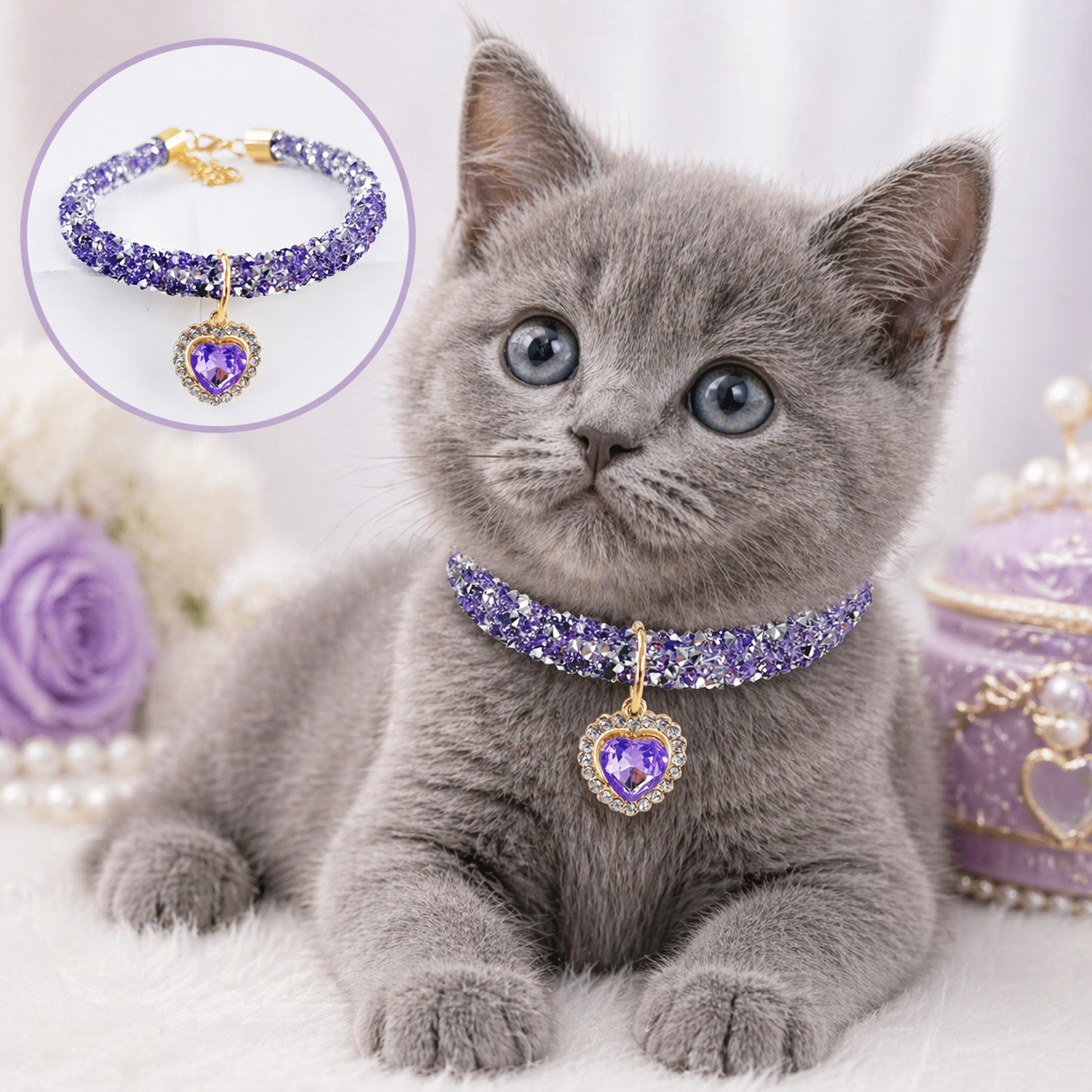 Luxury Rhinestone Pet Collar with Crystal Heart Pendant – Adjustable Bling Necklace for Cats, Puppies &amp; Small Dogs | Wedding Pet Jewelry