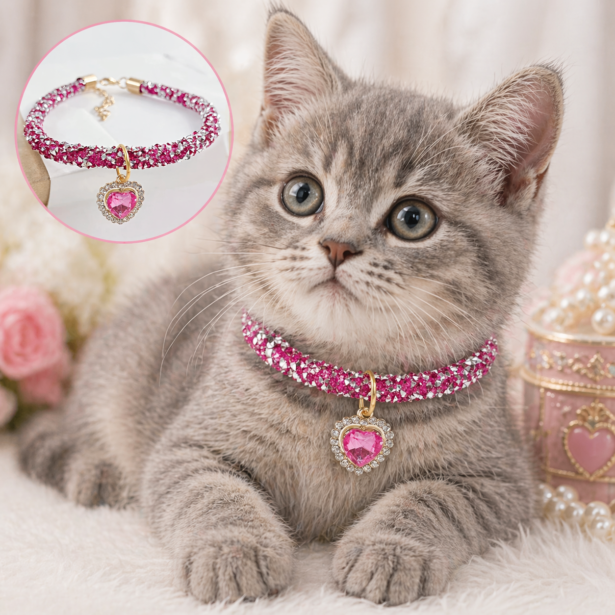 Luxury Rhinestone Pet Collar with Crystal Heart Pendant – Adjustable Bling Necklace for Cats, Puppies &amp; Small Dogs | Wedding Pet Jewelry