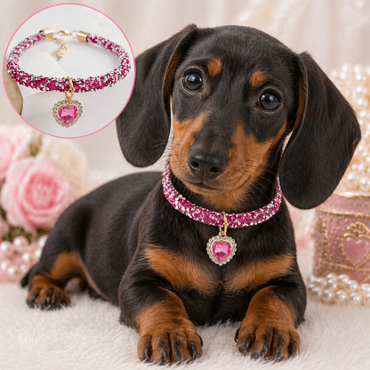 Luxury Rhinestone Pet Collar with Crystal Heart Pendant – Adjustable Bling Necklace for Cats, Puppies &amp; Small Dogs | Wedding Pet Jewelry
