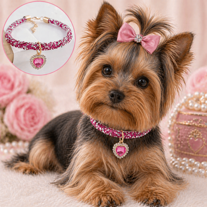 Luxury Rhinestone Pet Collar with Crystal Heart Pendant – Adjustable Bling Necklace for Cats, Puppies &amp; Small Dogs | Wedding Pet Jewelry