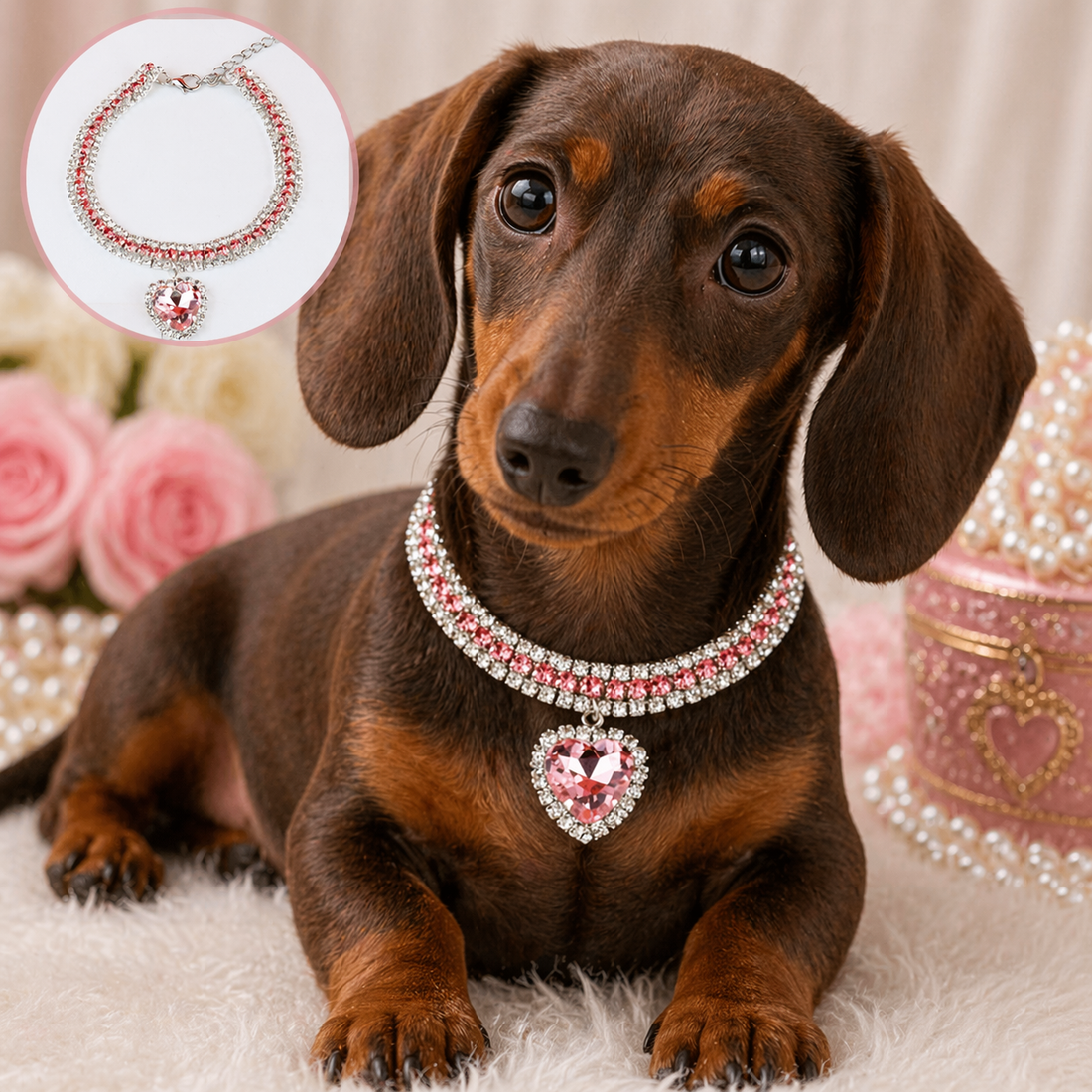 Luxury Rhinestone Pet Collar with Crystal Heart Pendant – Adjustable Bling Necklace for Cats, Puppies &amp; Small Dogs | Wedding Pet Jewelry