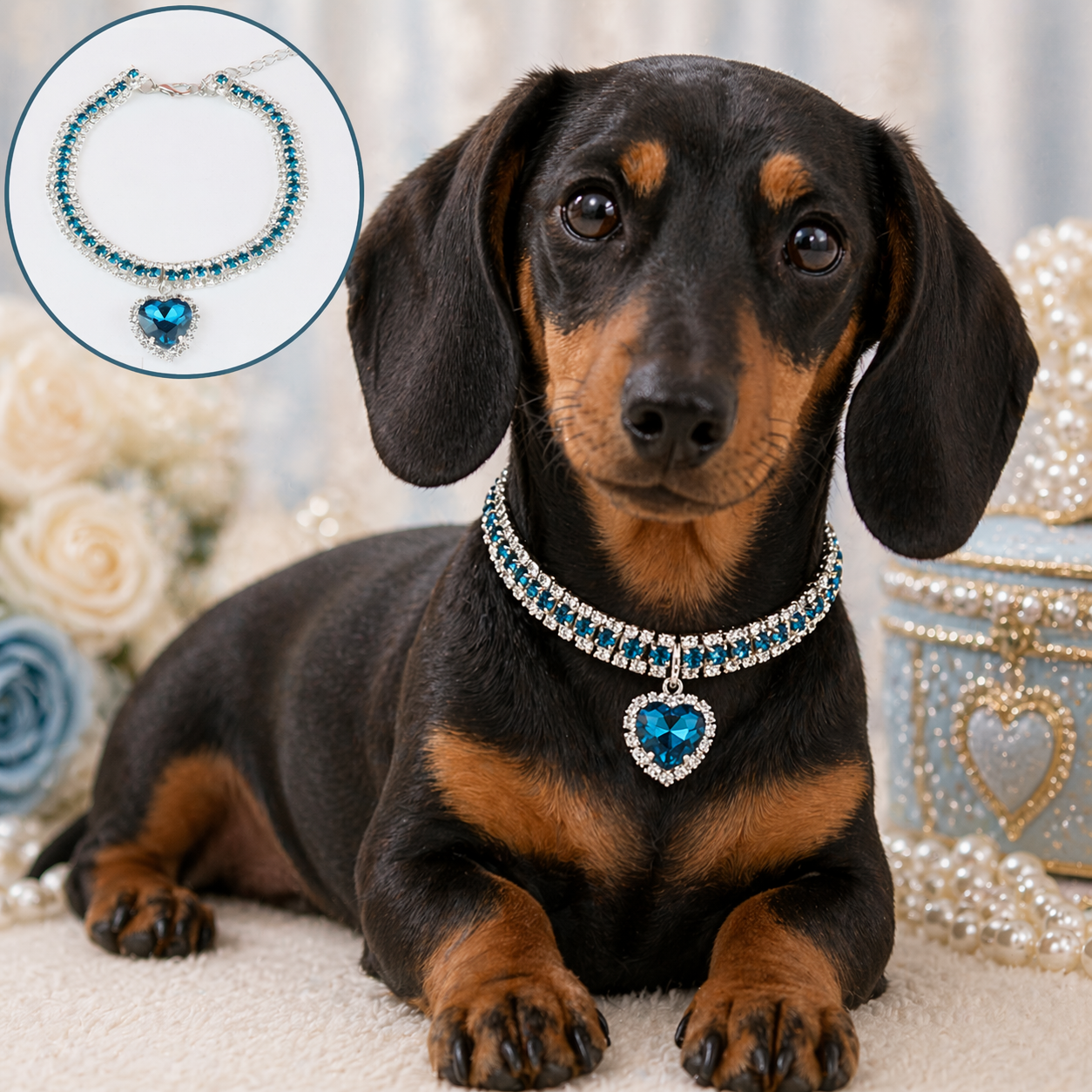 Luxury Rhinestone Pet Collar with Crystal Heart Pendant – Adjustable Bling Necklace for Cats, Puppies & Small Dogs | Wedding Pet Jewelry