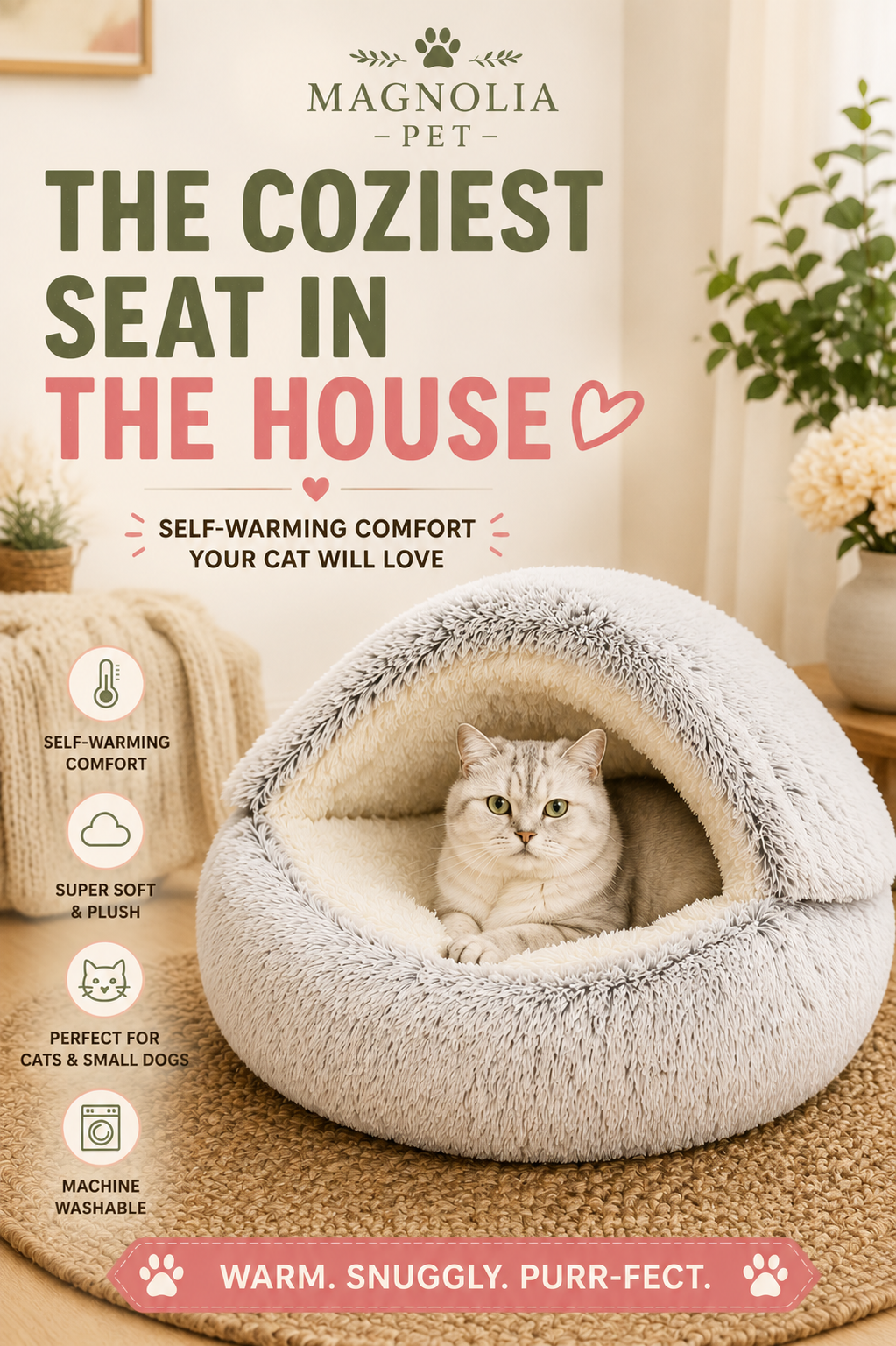 Self-Warming Cat Bed – Cozy Plush Half-Moon Bed for Cats &amp; Small Dogs