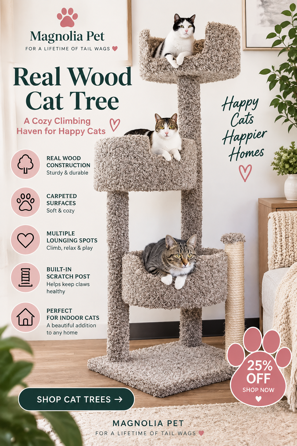 Real Wood &amp; Carpeted Cat Tree for Indoor Cats – Sturdy Multi-Level Cat Tower with Scratching Posts