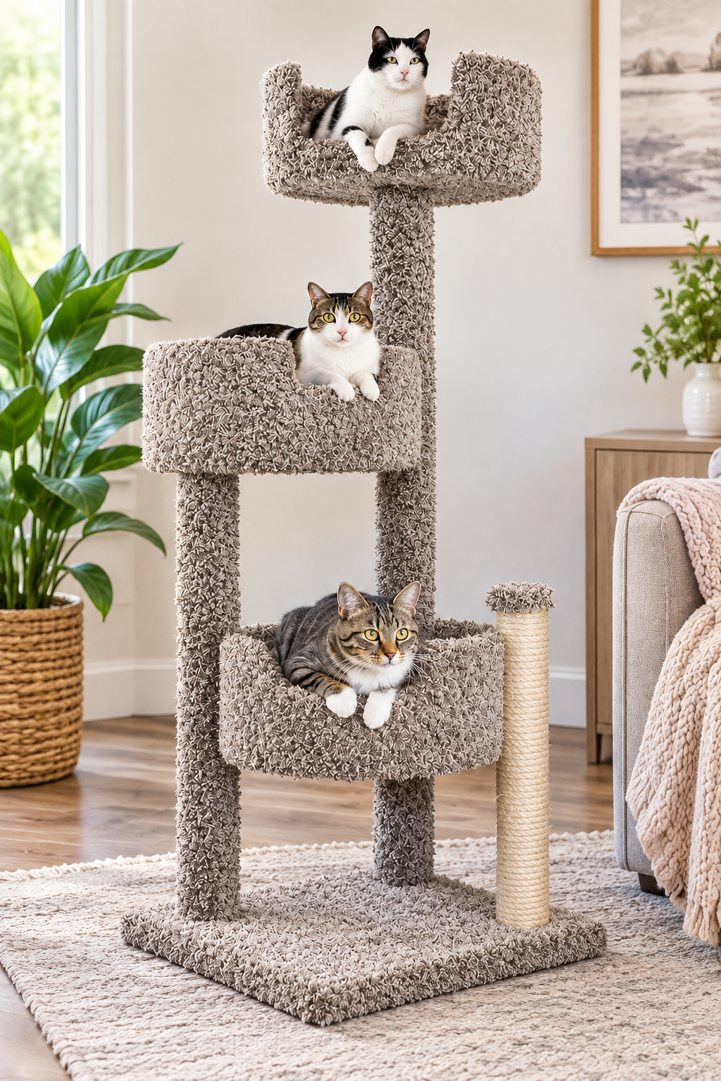 Real Wood &amp; Carpeted Cat Tree for Indoor Cats – Sturdy Multi-Level Cat Tower with Scratching Posts