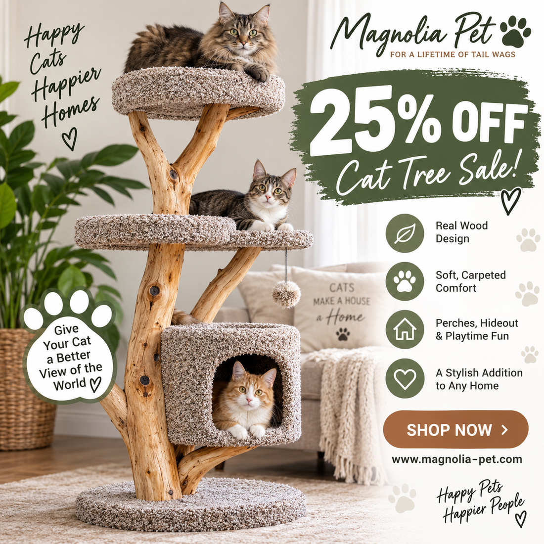 Real Wood &amp; Carpeted Cat Tree for Indoor Cats – Sturdy Multi-Level Cat Tower with Scratching Posts
