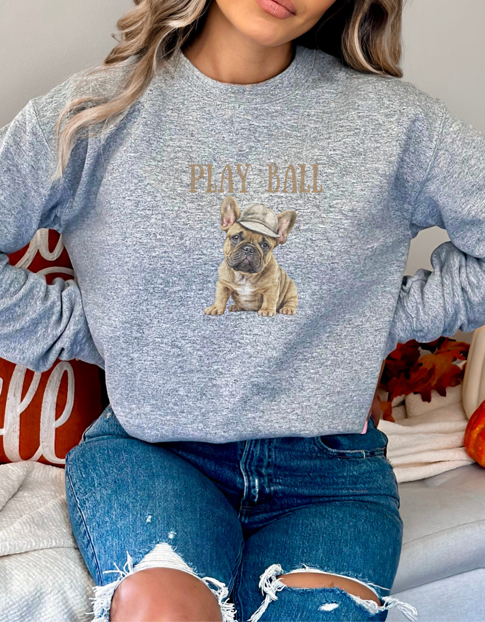 Play Ball with Cute Frenchie Style Crewneck Pullover Sweatshirt, Gift for Her, Gift for Him, French Bulldog Shirt