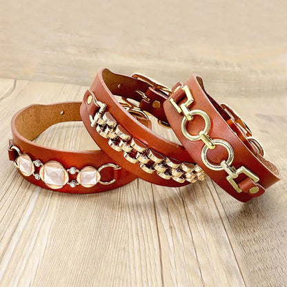 Real Leather Dog Collars - Classy Durable Collars with Cool Metal Accessories Suitable Small and Medium Dogs