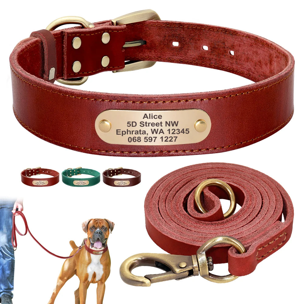 Personalized Real Leather Dog Collar & Leash Sets