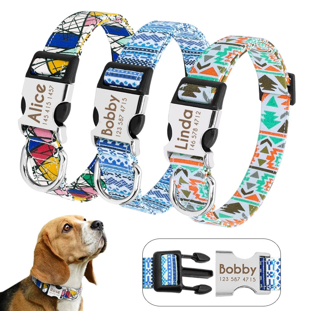 Nylon Dog Collar - Personalized Custom Engraved ID Tag &amp; Nameplate Buckle for Small, Medium &amp; Large Dogs
