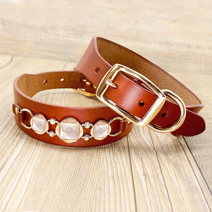 Real Leather Dog Collars - Classy Durable Collars with Cool Metal Accessories Suitable Small and Medium Dogs