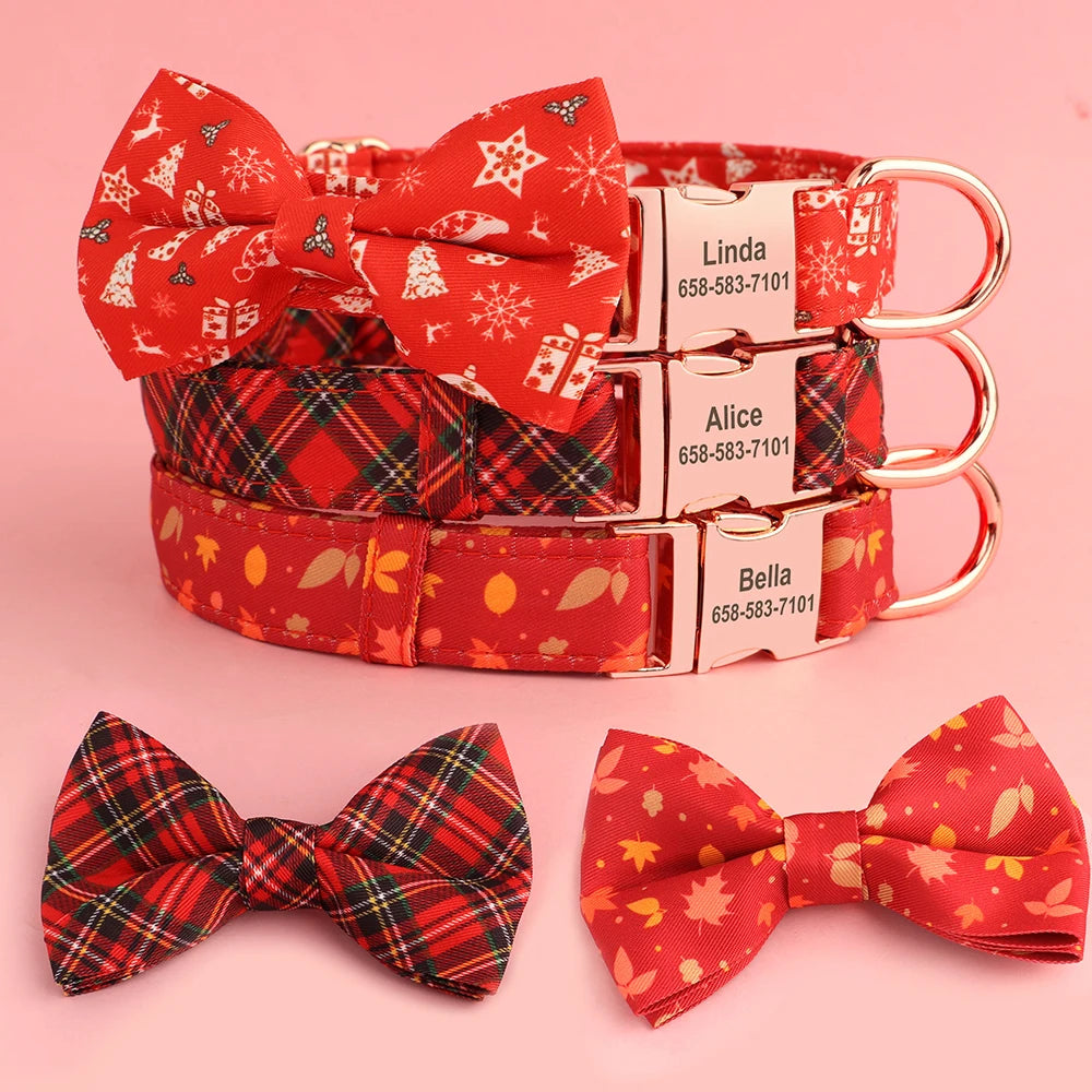 Personalized Dog Collars – Classic Red Plaid Pet Collar with Bowknot &amp; Free Engraving ID Tag for Small and Medium Dogs