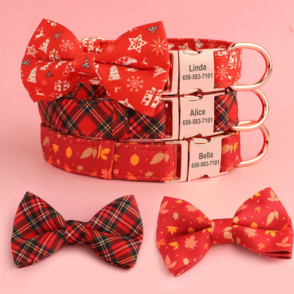 Personalized Dog Collars – Classic Red Plaid Pet Collar with Bowknot &amp; Free Engraving ID Tag for Small and Medium Dogs