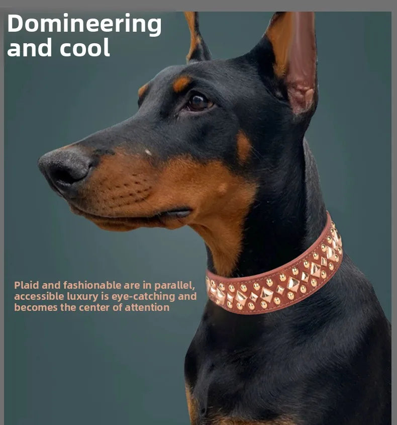 Anti-Bite Leather Dog Collar with Rivets – Heavy Duty Adjustable Pet Collar for Medium &amp; Large Dogs, Soft Comfortable Durable Training Walking Collar