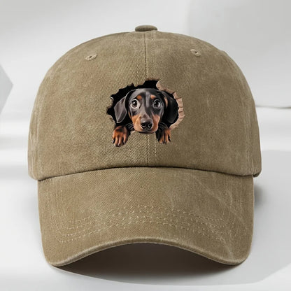 Retro Washed Dachshund Baseball Cap – Dog Pattern Hat with Breathable See-Through Hole Design, Casual Outdoor Sports Sun Hat