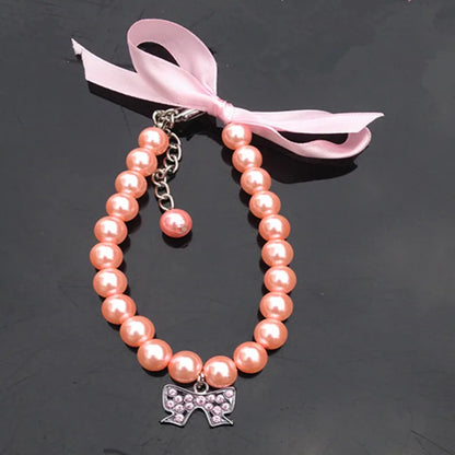 Exquisite Pearl Dog Necklace Pearl Necklace Jewelry with Bow Ribbon Suitable for Cats and Dogs