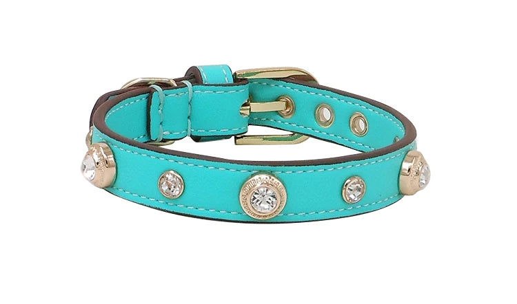Genuine Leather Pet Collar White Diamond Gemstone Rivet Cowhide Collar Dog and Cat Collar