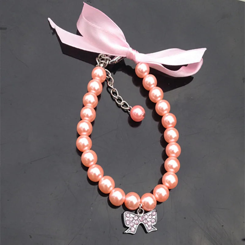Exquisite Pearl Dog Necklace Pearl Necklace Jewelry with Bow Ribbon Suitable for Cats and Dogs