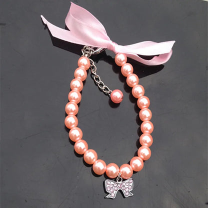 Exquisite Pearl Dog Necklace Pearl Necklace Jewelry with Bow Ribbon Suitable for Cats and Dogs