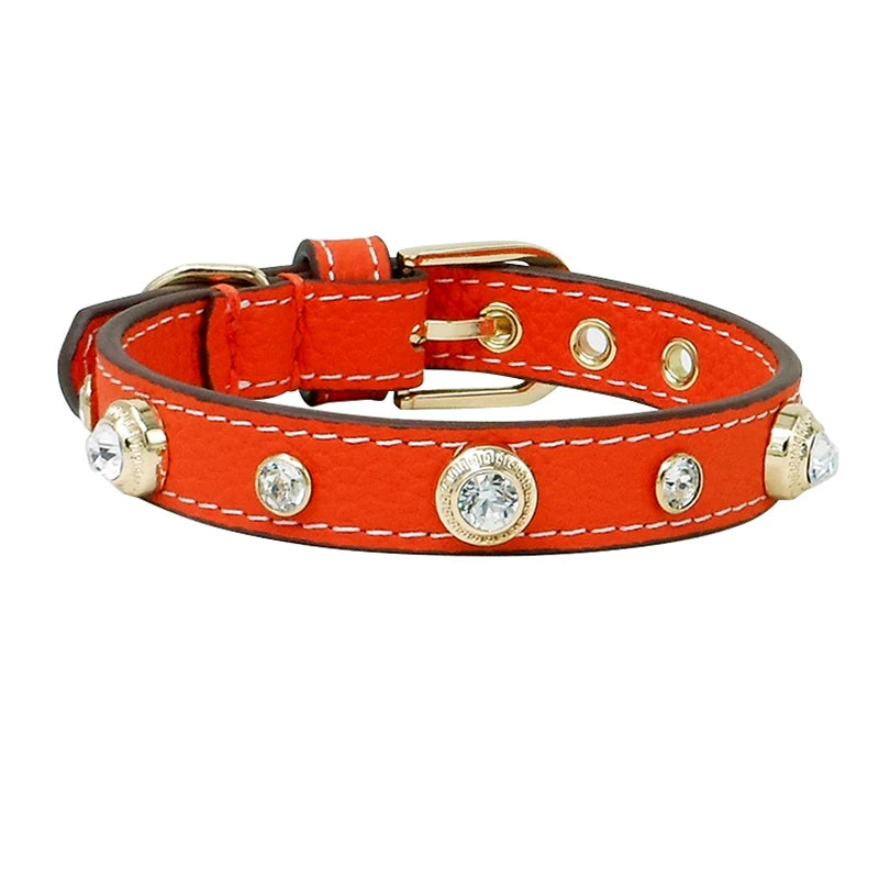 Genuine Leather Pet Collar White Diamond Gemstone Rivet Cowhide Collar Dog and Cat Collar