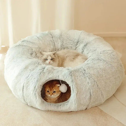 Plush Cat Bed with Play Tunnel - Interactive Multifunctional Donut Cat Bed with Play Tunnel &amp; Peephole