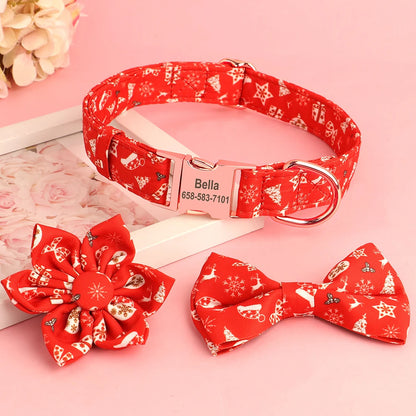 Personalized Dog Collars – Classic Red Plaid Pet Collar with Bowknot &amp; Free Engraving ID Tag for Small and Medium Dogs