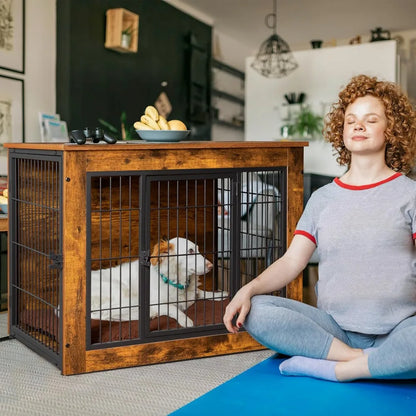 Stylish Dog Crate Furniture with Thick Cushion &amp; Double Doors – Wooden End Table Chew-Resistant Dog Kennel