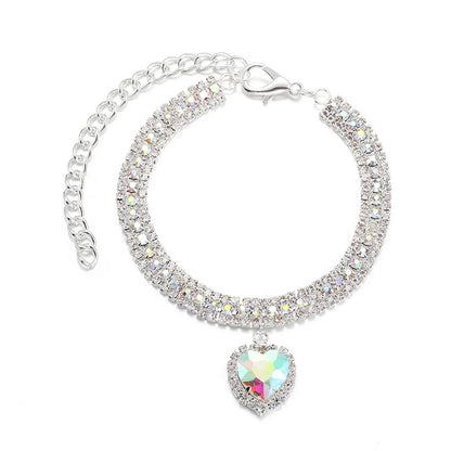 Bling Rhinestone Dog &amp; Cat Necklace Collar – Crystal Heart Diamante Pet Jewelry, Adjustable Puppy &amp; Kitten Wedding Party Accessory XS–L