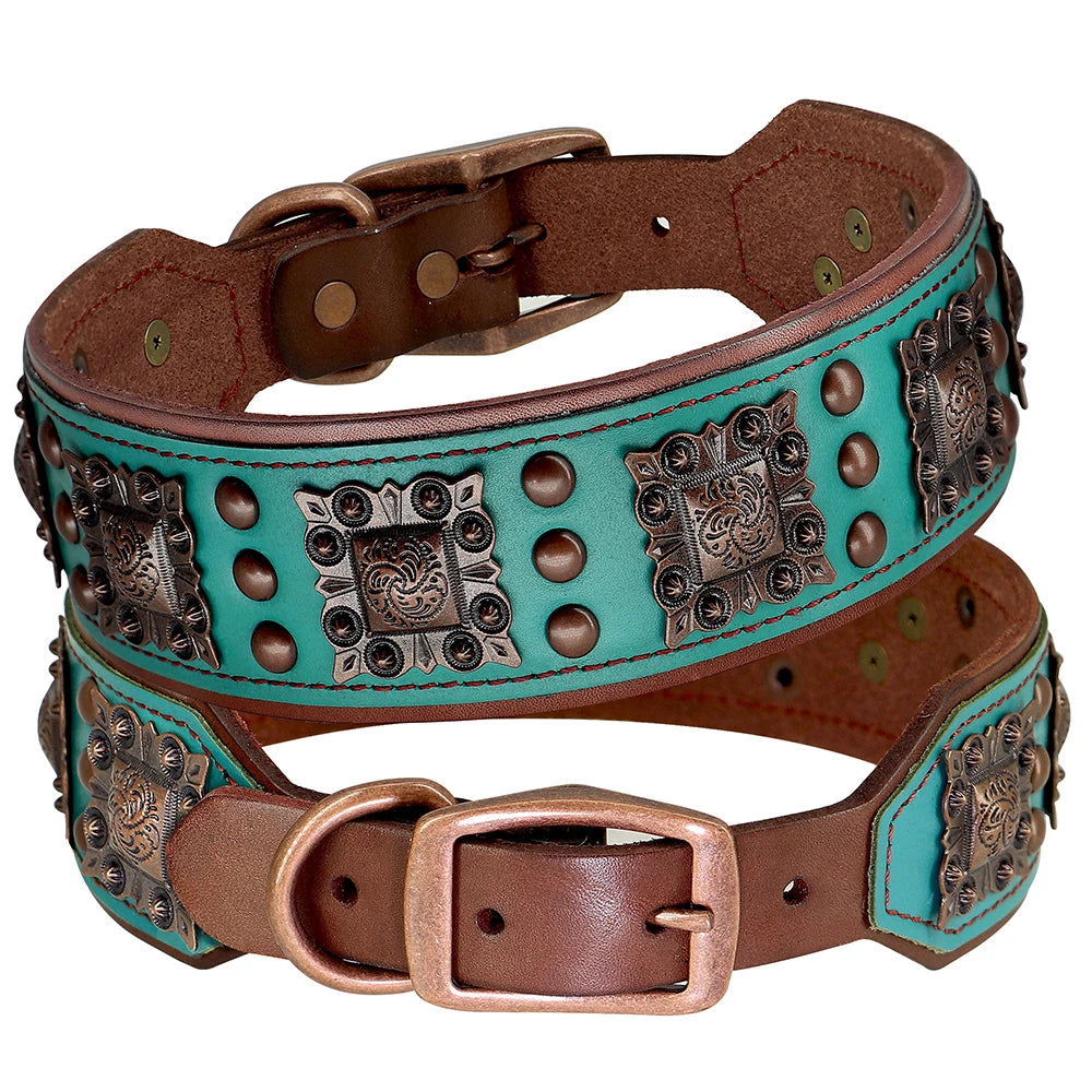 Cool Spiked Dog Collar for Medium Large Dogs – Genuine Leather Adjustable Pitbull Bulldog Collar with Metal Buckle &amp; D-Ring