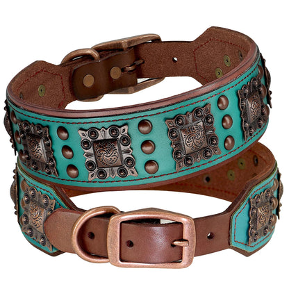 Cool Spiked Dog Collar for Medium Large Dogs – Genuine Leather Adjustable Pitbull Bulldog Collar with Metal Buckle &amp; D-Ring