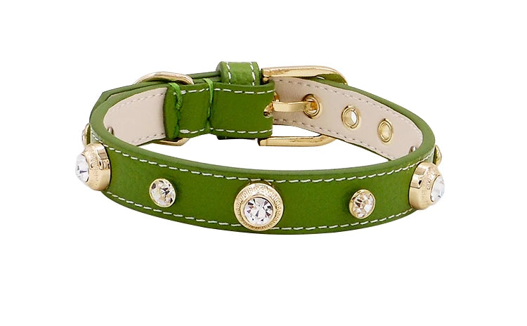Genuine Leather Pet Collar White Diamond Gemstone Rivet Cowhide Collar Dog and Cat Collar