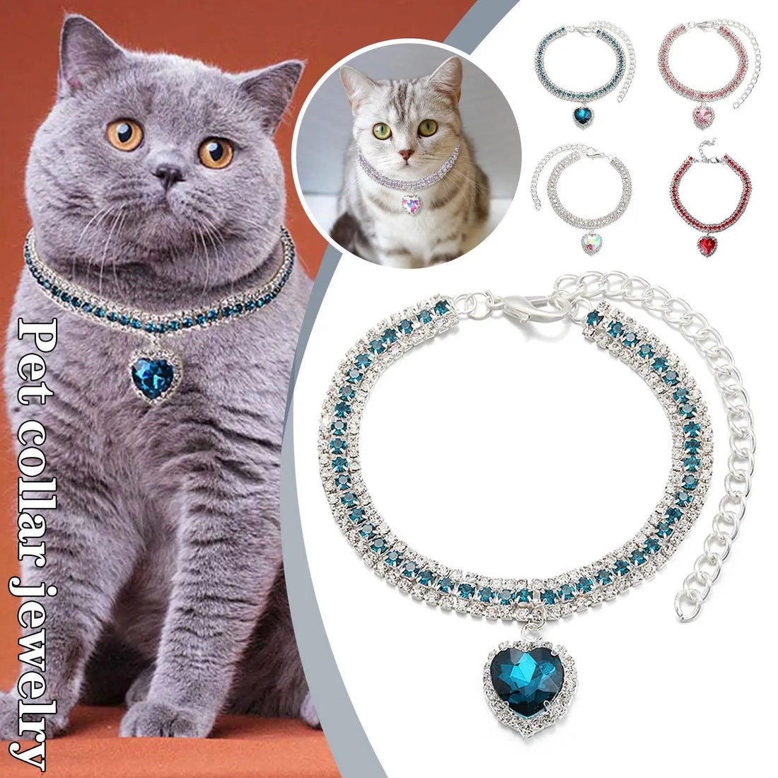 Bling Rhinestone Dog &amp; Cat Necklace Collar – Crystal Heart Diamante Pet Jewelry, Adjustable Puppy &amp; Kitten Wedding Party Accessory XS–L