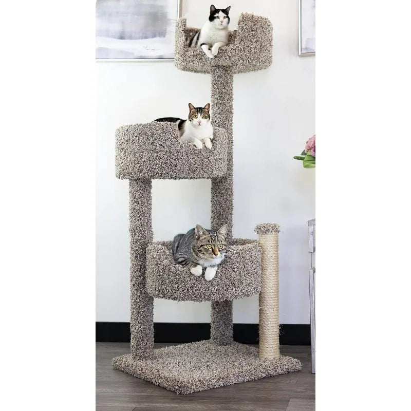 Real Wood &amp; Carpeted Cat Tree for Indoor Cats – Sturdy Multi-Level Cat Tower with Scratching Posts