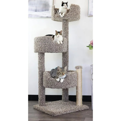 Real Wood &amp; Carpeted Cat Tree for Indoor Cats – Sturdy Multi-Level Cat Tower with Scratching Posts