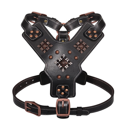 Genuine Leather Dog Harness – Durable Riveted Training Vest with Metal Hardware for Medium &amp; Large Dogs