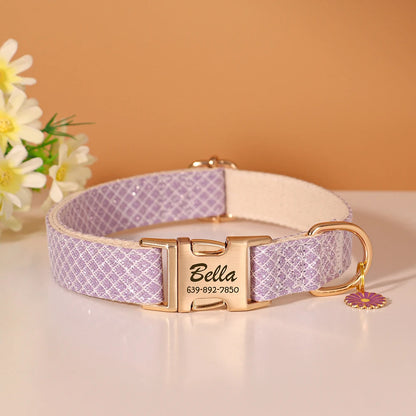 Personalized Bling Plaid Dog Collar – Adjustable Buckle Collar with Cute Flower Pendant, Anti-Lost ID for Small &amp; Medium Dogs &amp; Cats – Pink