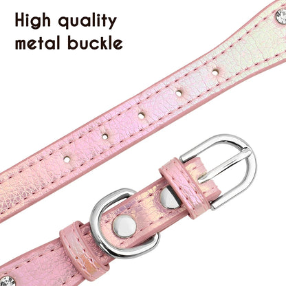 Crystal Rhinestone Small Dog Collar – Adjustable Leather Pet Collar for Chihuahua, Puppy &amp; Cat, Padded Sparkly Dog Collar
