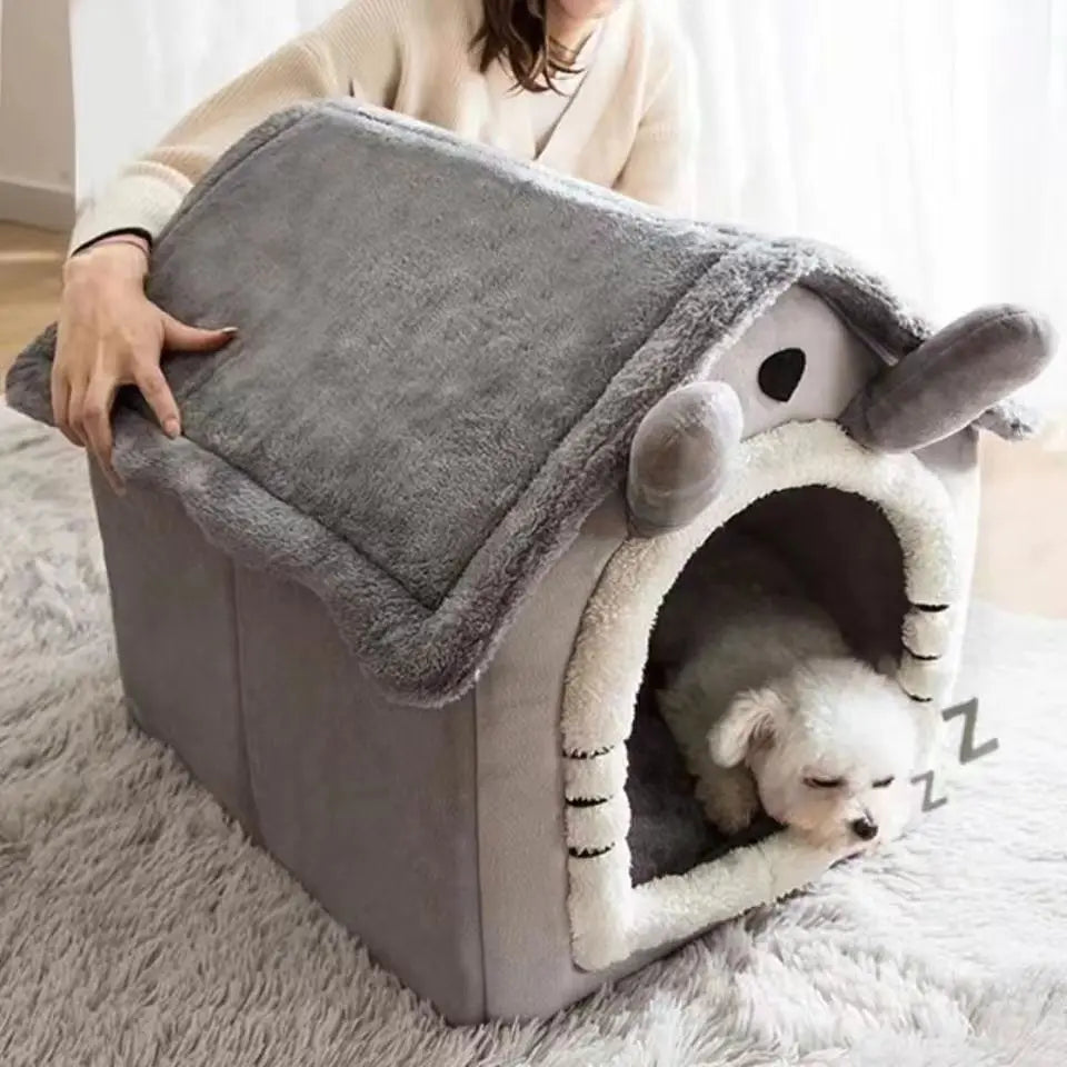 Cute Dog House Bed with Removable Cushion - Soft Coral Fleece Pet Bed for Dogs &amp; Cats, All-Season, Lightweight &amp; Breathable