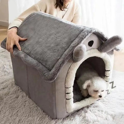 Cute Dog House Bed with Removable Cushion - Soft Coral Fleece Pet Bed for Dogs &amp; Cats, All-Season, Lightweight &amp; Breathable