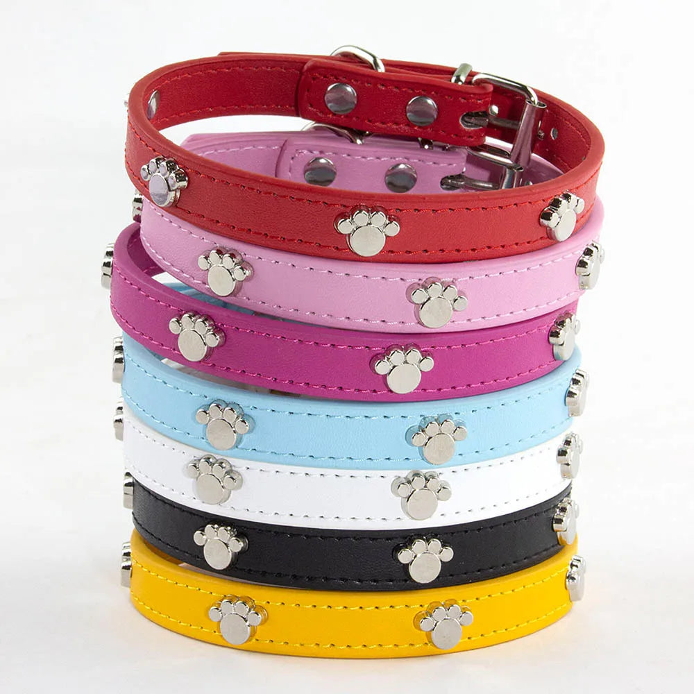 Durable Leather Dog Collar with Paw Print – Adjustable Puppy &amp; Small Dog Collar for Pug, Chihuahua &amp; Cats