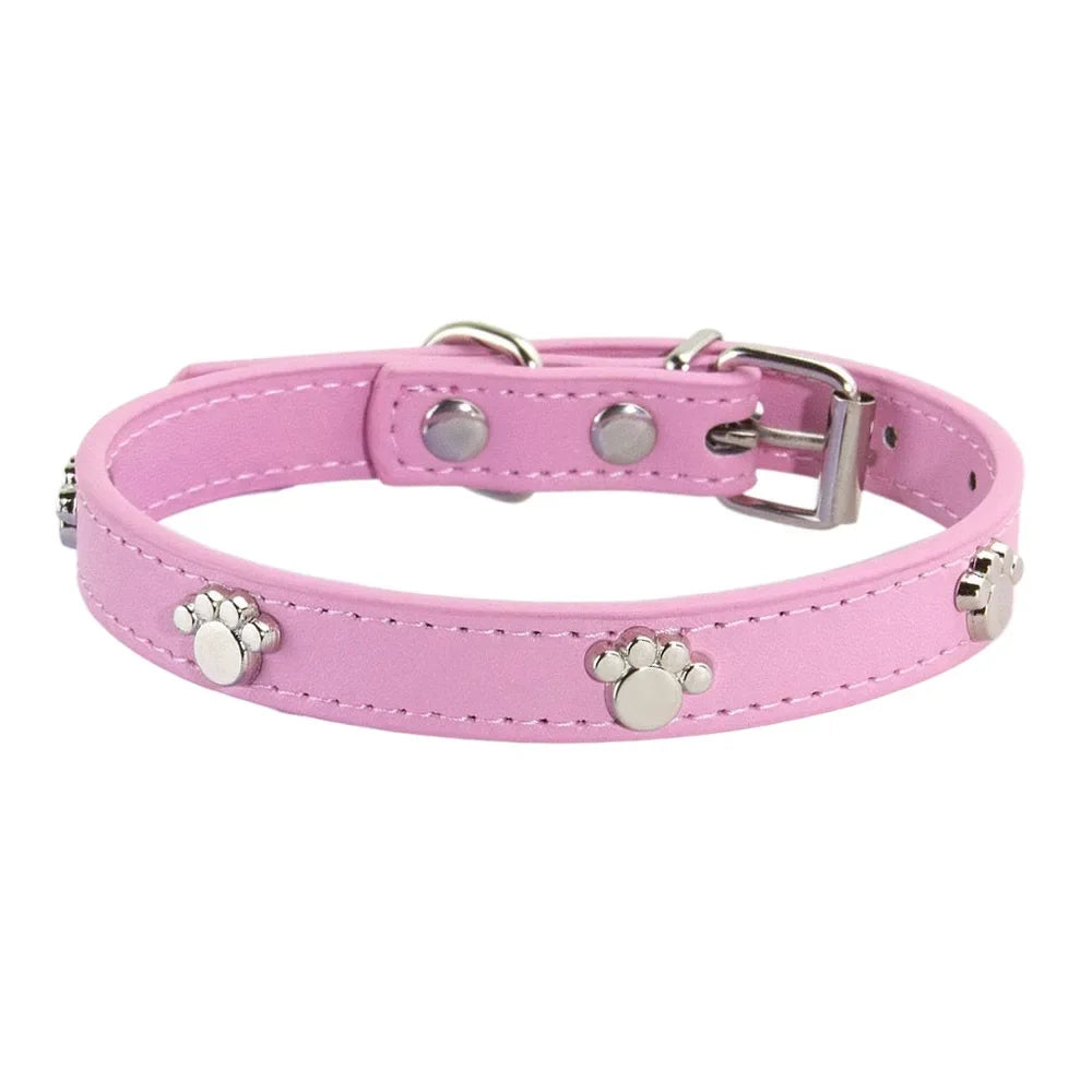 Durable Leather Dog Collar with Paw Print – Adjustable Puppy &amp; Small Dog Collar for Pug, Chihuahua &amp; Cats