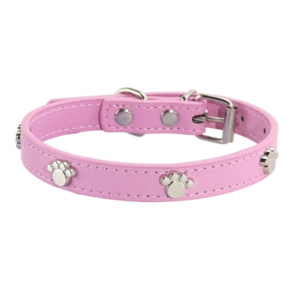 Durable Leather Dog Collar with Paw Print – Adjustable Puppy &amp; Small Dog Collar for Pug, Chihuahua &amp; Cats