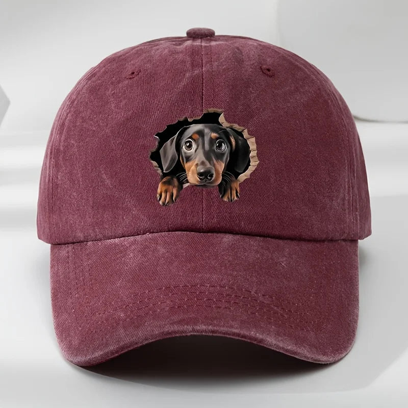Retro Washed Dachshund Baseball Cap – Dog Pattern Hat with Breathable See-Through Hole Design, Casual Outdoor Sports Sun Hat