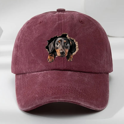 Retro Washed Dachshund Baseball Cap – Dog Pattern Hat with Breathable See-Through Hole Design, Casual Outdoor Sports Sun Hat