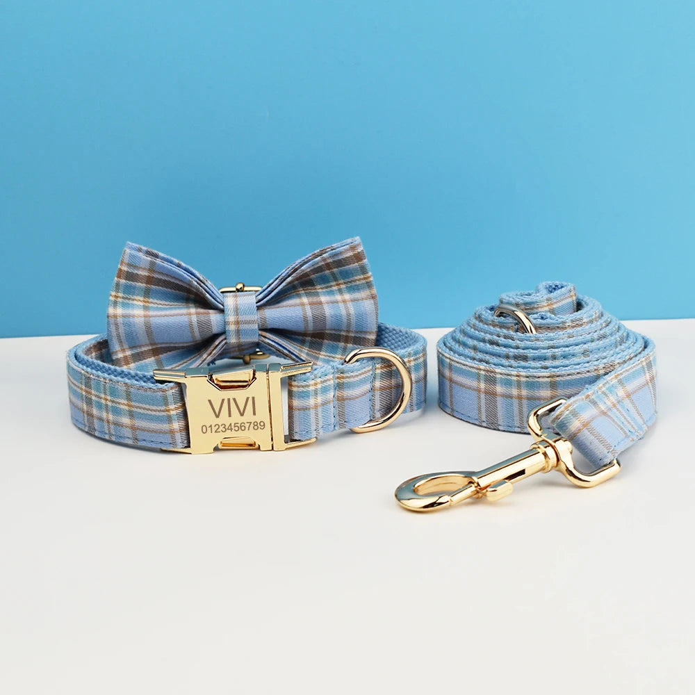Snazzy Blue Plaid Dog Collar and Leash Set with Custom Engraved Nameplate
