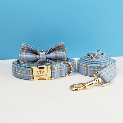 Snazzy Blue Plaid Dog Collar and Leash Set with Custom Engraved Nameplate