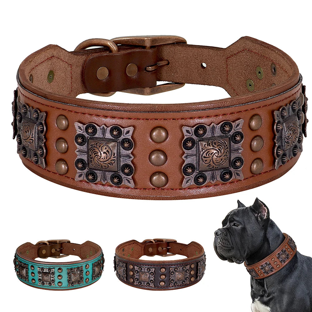 Cool Spiked Dog Collar for Medium Large Dogs – Genuine Leather Adjustable Pitbull Bulldog Collar with Metal Buckle &amp; D-Ring