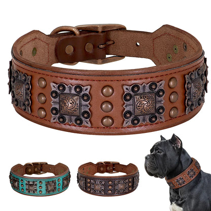 Cool Spiked Dog Collar for Medium Large Dogs – Genuine Leather Adjustable Pitbull Bulldog Collar with Metal Buckle &amp; D-Ring